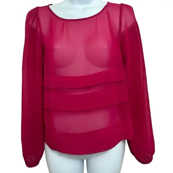 BCBGeneration Magenta Semi Sheer Blouse Sz XS Open Back Loose Long-Sleeve Top - Picture 7 of 7